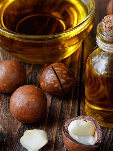 Organic Macadamia nut oil displayed with dried Macadamia nuts on a wooden table