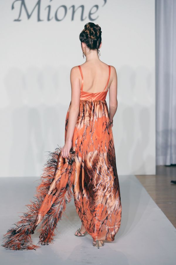 Empire style summer gown orange with tiger print style with boa cape back