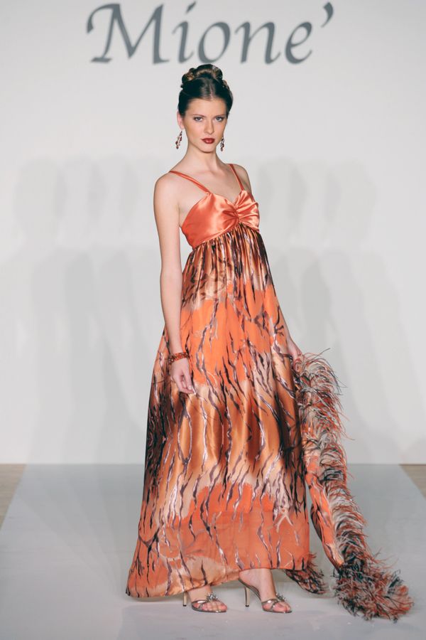 Empire style summer gown orange with tiger print style with boa cape