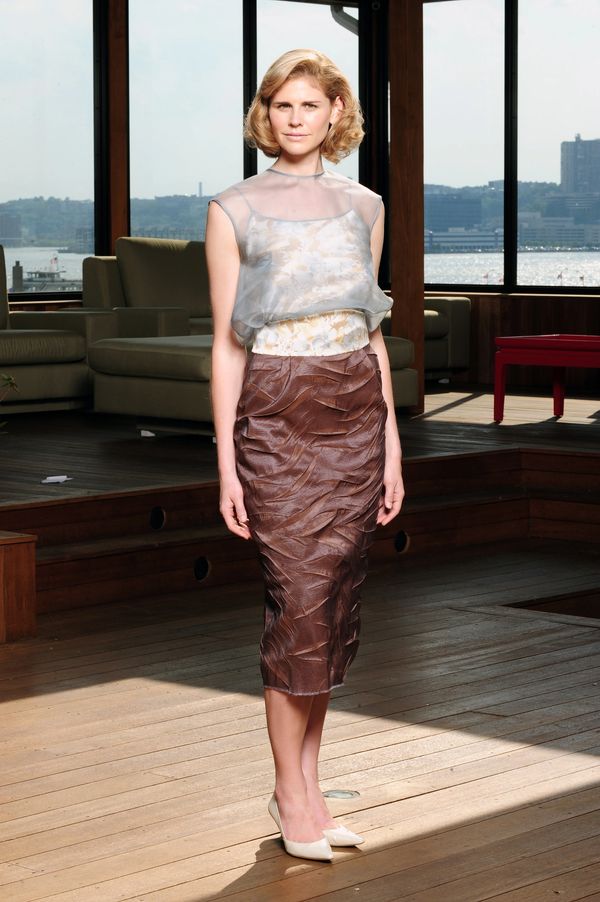 Pencil style, brown leather skirt with blouse 