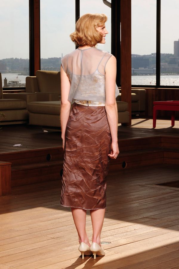 Pencil style, brown leather skirt with blouse back