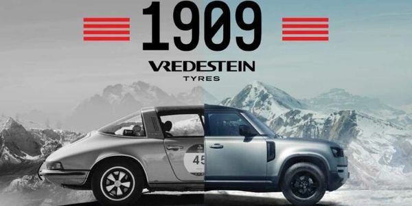 Split image of a classic and modern car with Vredestein Tyres logo and 1909 year.
