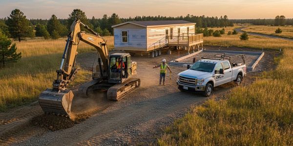 Excavator and truck at a rural construction site during sunset.