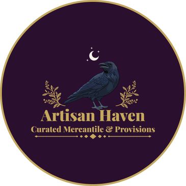 Elegant logo with a raven, crescent moon, and gold text for Artisan Haven.