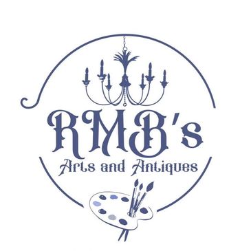Logo for RMB's Arts and Antiques featuring a chandelier and artist palette.