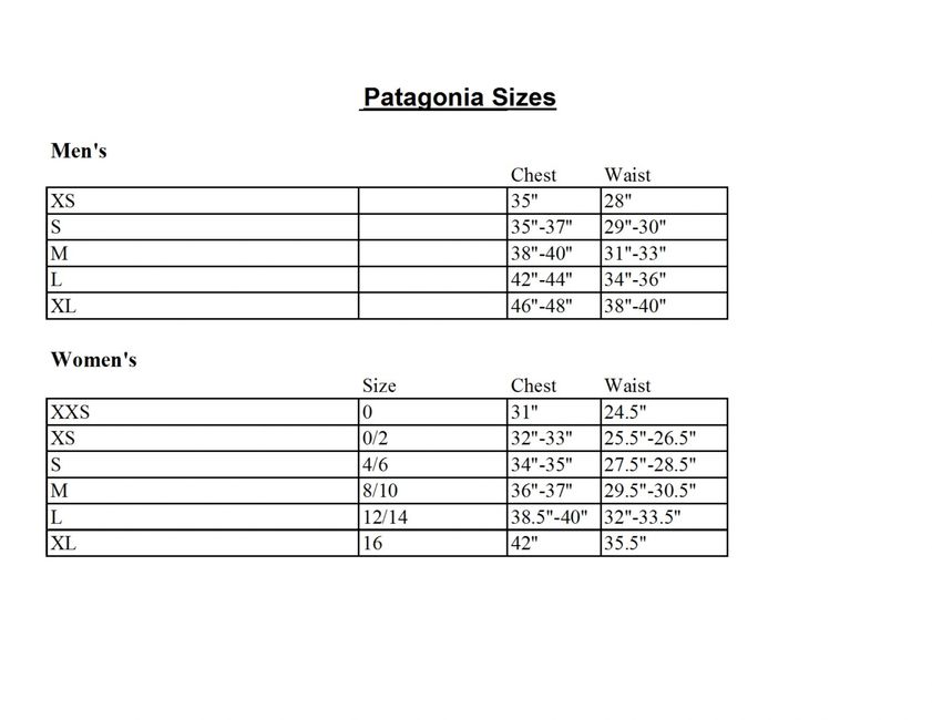 Patagonia Size Chart Women