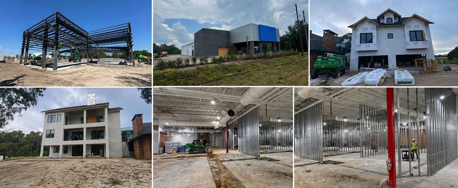 Various stages of commercial and residential building construction projects.