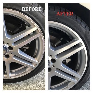 Before and after images showing a car wheel rim repaired from curb damage.