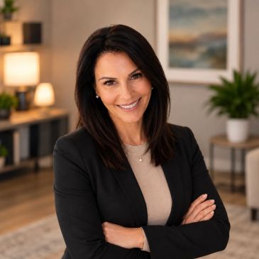Confident woman smiling with crossed arms indoors.