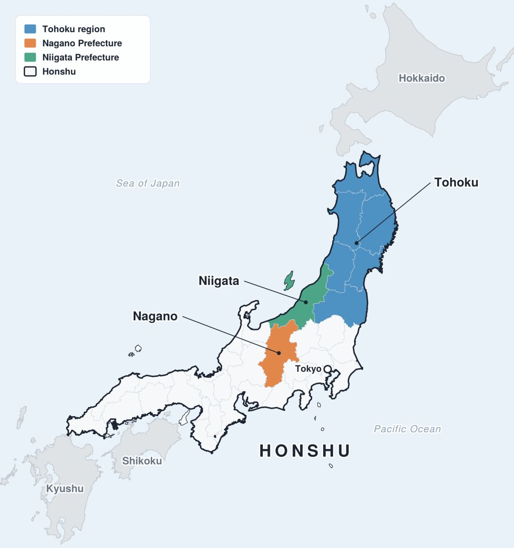 Map of Japan highlighting Honshu, Tohoku, Niigata and Nagano