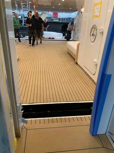 Floor Atlas high performance boat flooring and internal features being checked by boat building team
