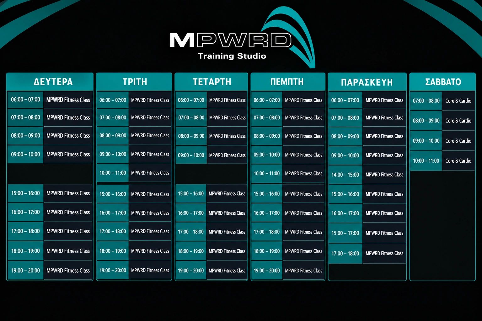 Weekly MPWRD Training Studio fitness schedule with classes from Monday to Saturday.