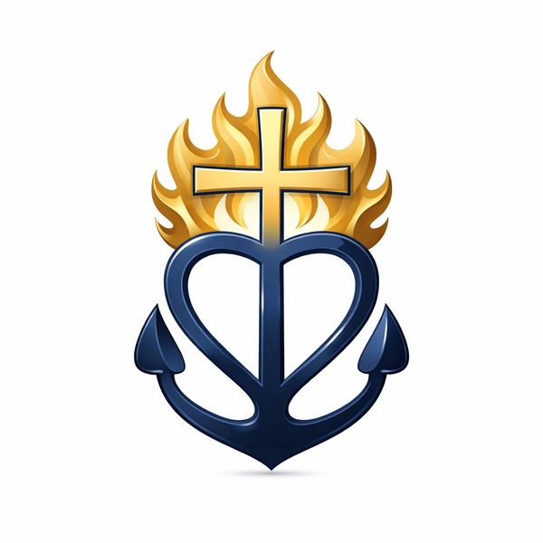 Anchor, cross, and flaming heart symbol.