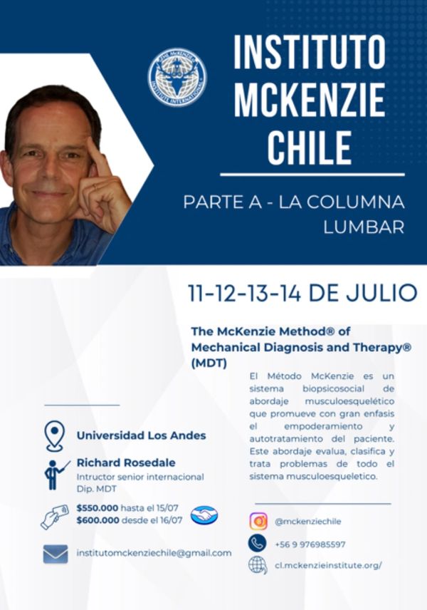 Flyer for McKenzie Method training on lumbar spine by Instituto McKenzie Chile in July at Universidad Los Andes.