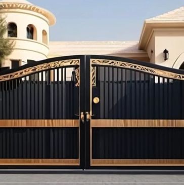 Metal double swing gate with gold trim