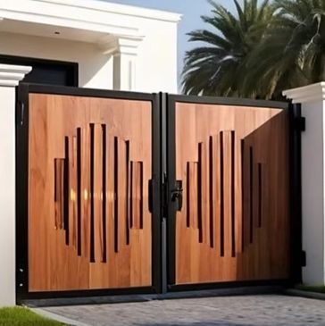 Double swing entrance gate with wood paneling and black trim