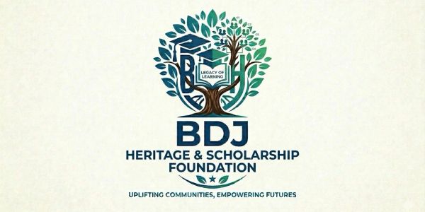 Logo of BDJ Heritage &amp; Scholarship Foundation with a tree and book symbol.