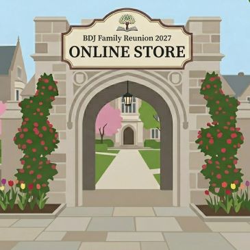 Archway entrance to BDJ Family Reunion 2027 online store with garden view.