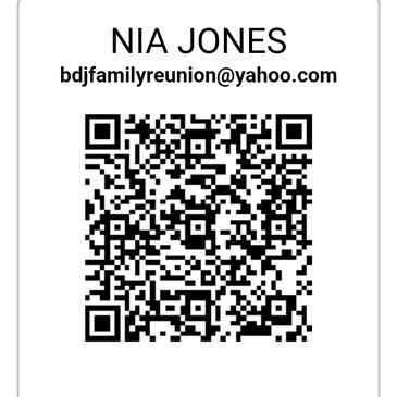 Contact info card with a QR code for Nia Jones and an email address.
