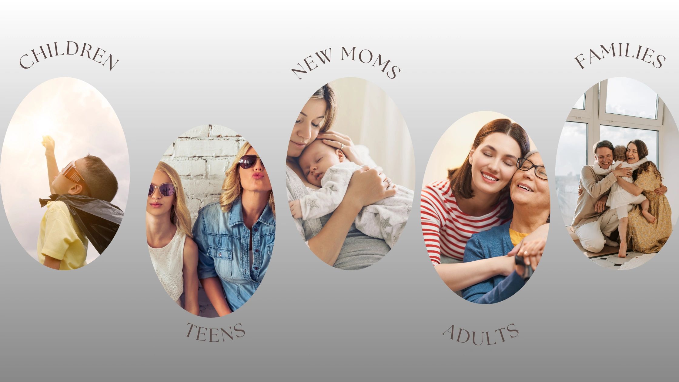 Collage depicting different life stages: children, teens, new moms, adults, and families.