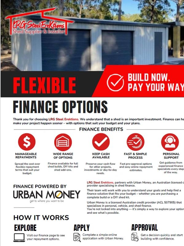 Advertisement for LRG Steel Erektions flexible finance options for sheds.