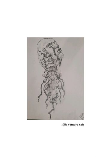 Intricate pencil drawing of a jellyfish with human faces in its bell.