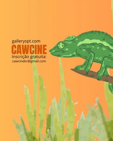 Cartaz com um camaleão verde em galho e texto de inscrição gratuita para CAWCINE.