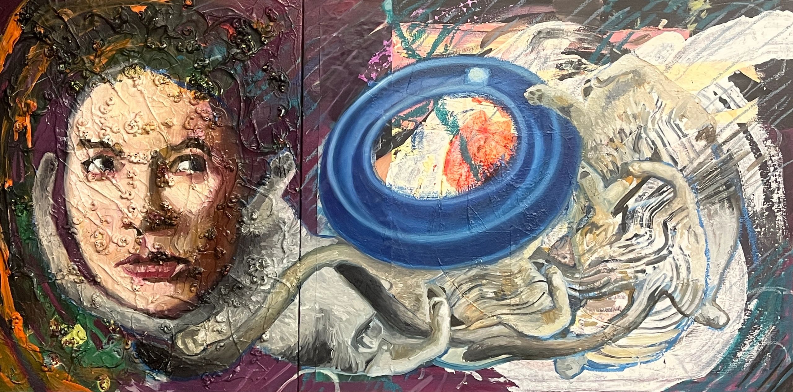 Screentime, 2026, acrylic medium, tempera, oil pastel, macaroni noodles, and oil on canvas, 18"x48"
