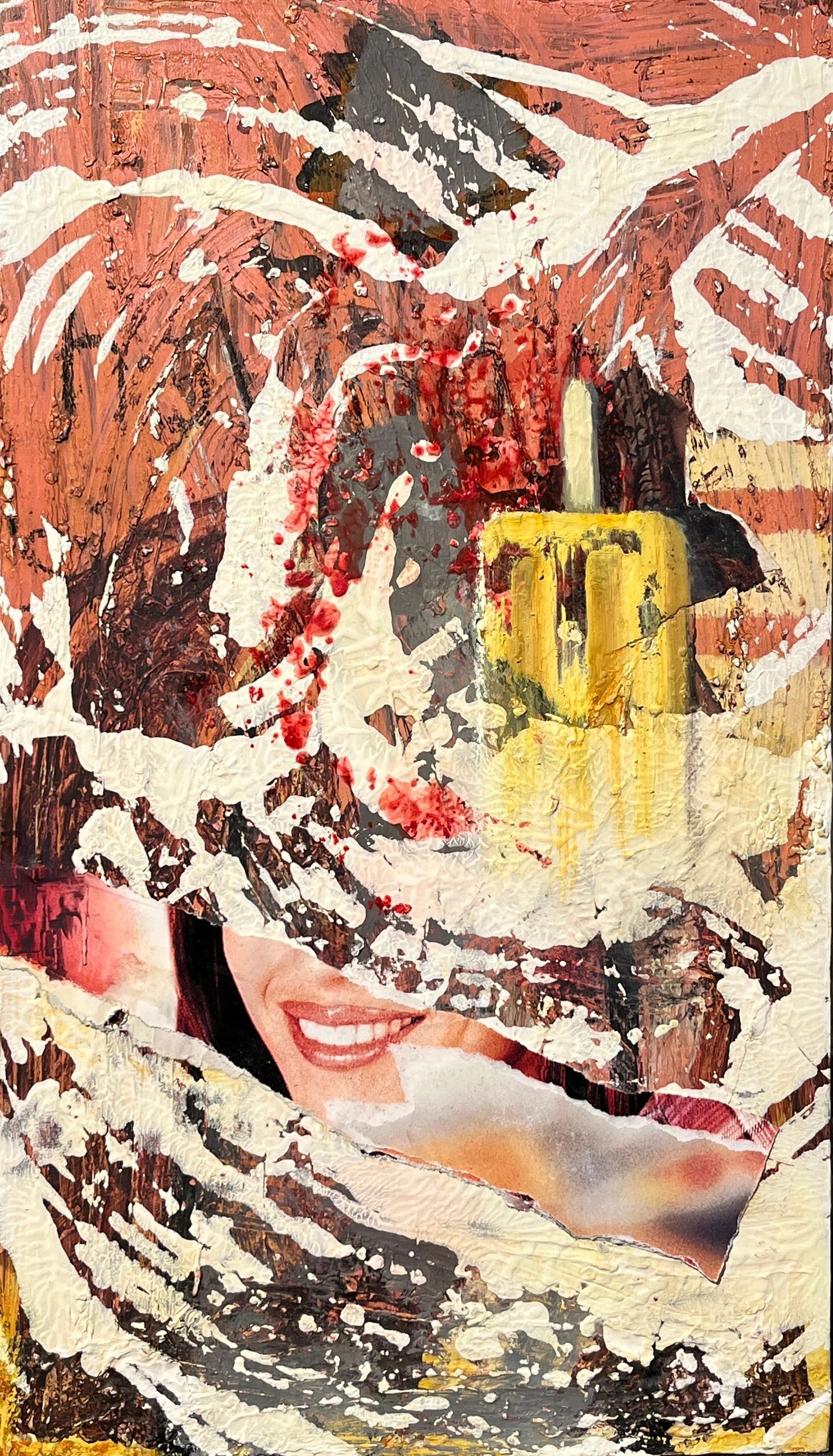 Spinning, 2026, tempera, acrylic, oil pastel, and oil on panel, 10”x16”