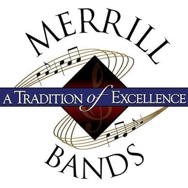 Logo of Merrill Bands with musical notes and slogan.