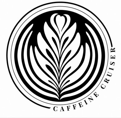 Black and white coffee cup art logo with Caffeine Cruiser text.