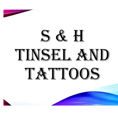 S &amp; H Tinsel and Tattoos logo with gradient corners.