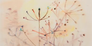 Delicate abstract floral shapes in soft pastel hues.