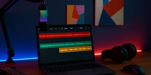 A laptop on a wooden desk with a mircophone, headphones, and a mouse.