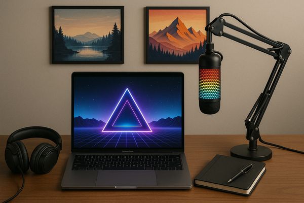 A clean desktop with paintings in the background