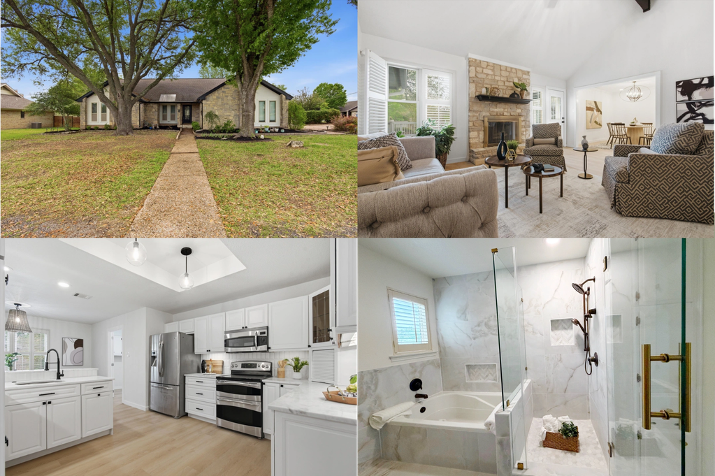 Four photos of 210 Towhee Drive, Buda, including exterior, living room, kitchen and primary bath