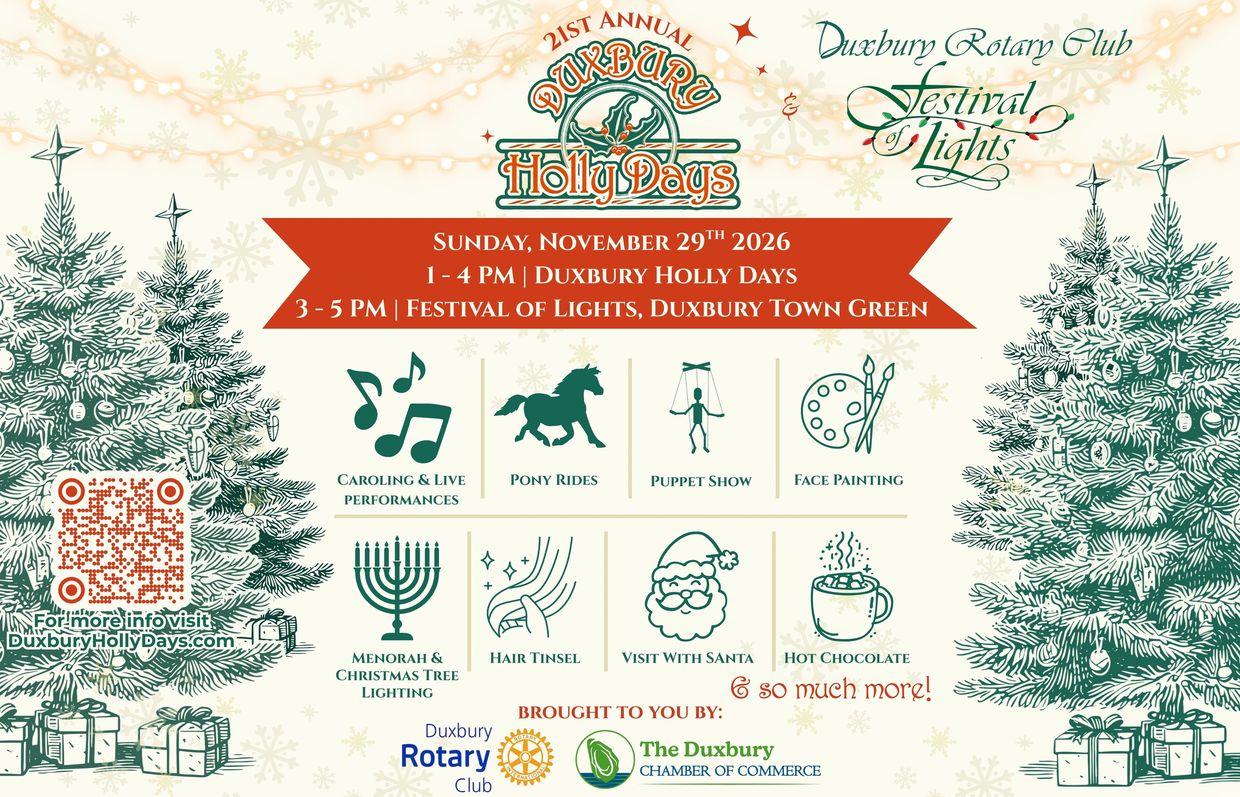 Duxbury Holly Days and Festival of Lights event flyer for November 29, 2026.