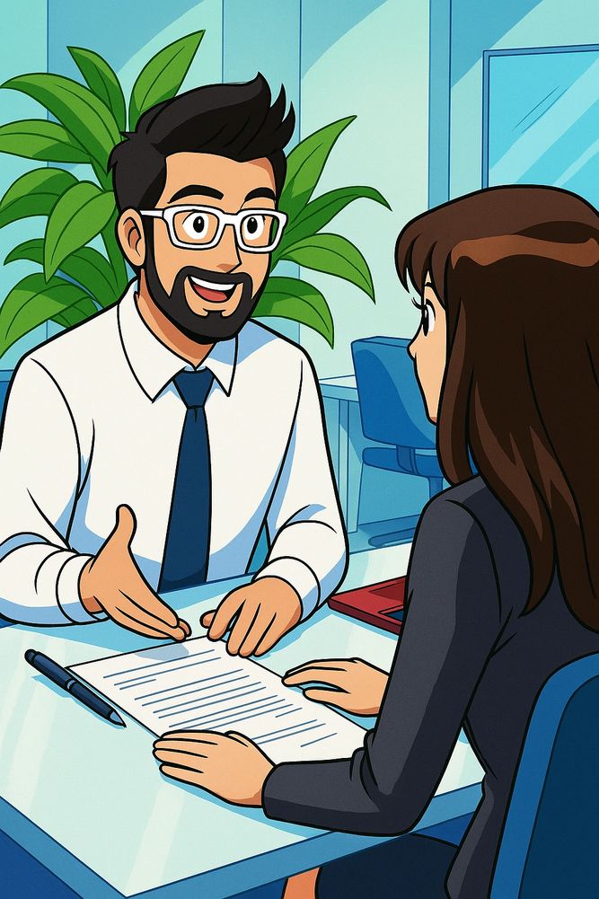 Two professionals from strong steps discussing a document in a modern office setting.