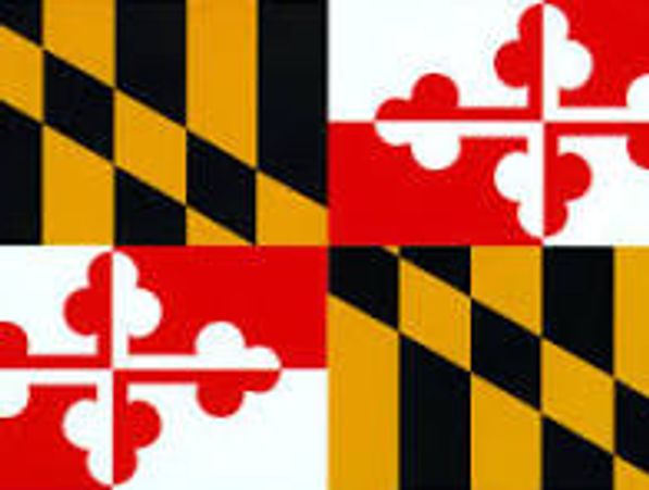 Maryland state flag with black, gold, red, and white patterns.