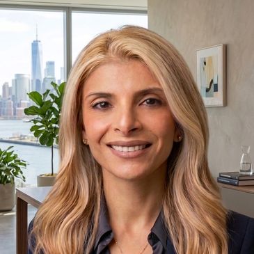 Professional woman smiling in office with city view.