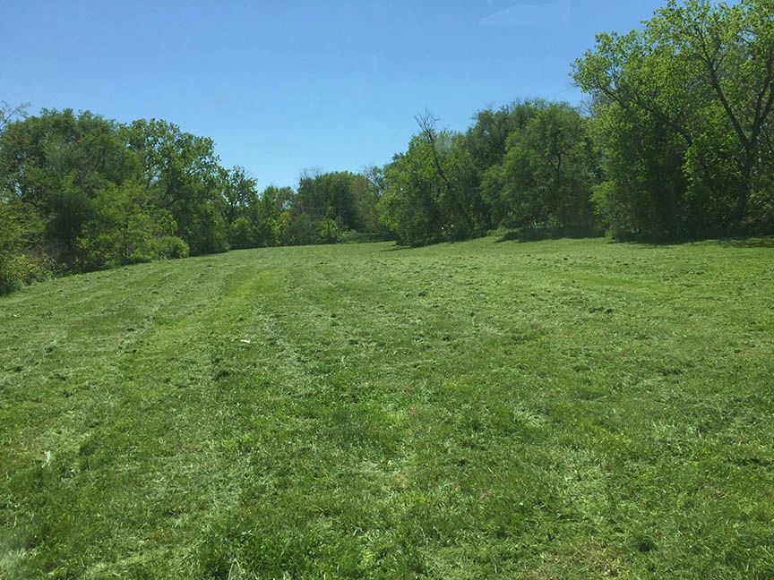 Freshly mowed green field with treeline and blue sky in Nebraska.
