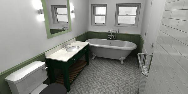 Cast iron rolltop bath, floorstanding vanity unit and wc