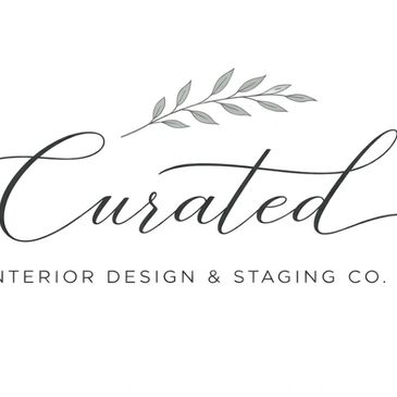 Elegant logo for Curated Interior Design &amp; Staging Co. with script and leaf motif.