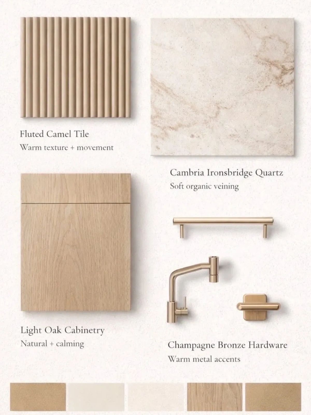 Warm, natural kitchen palette with camel tile, quartz, oak cabinetry, and bronze hardware.