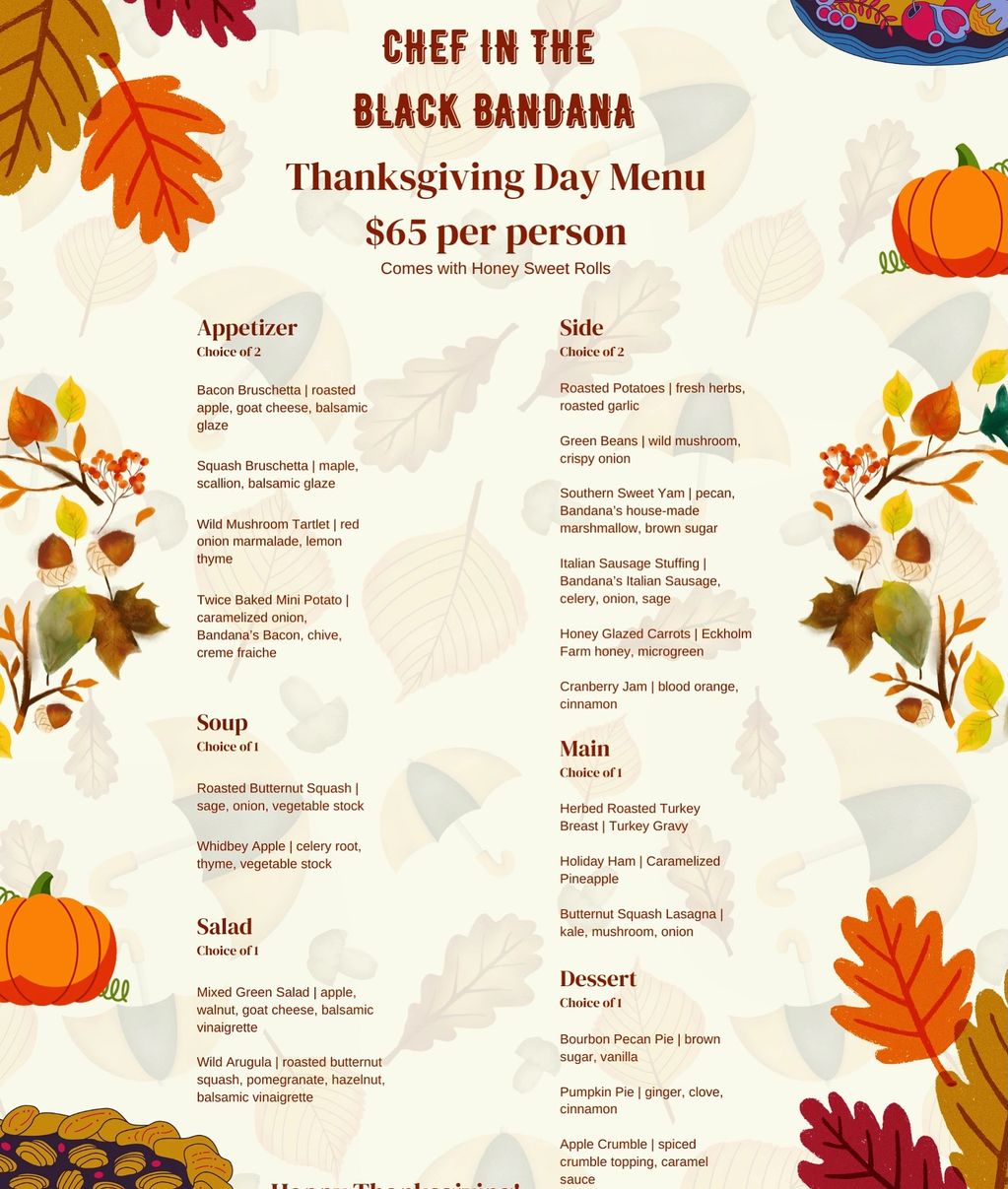 Description of the Chef in The Back Bandana Thanksgiving Day Menu