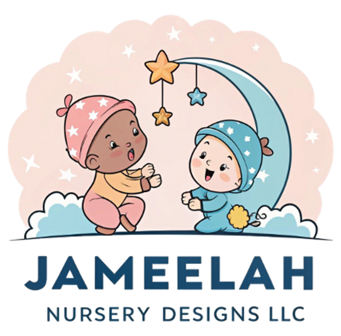 Two babies sitting on clouds with their hands out smiling at each other.