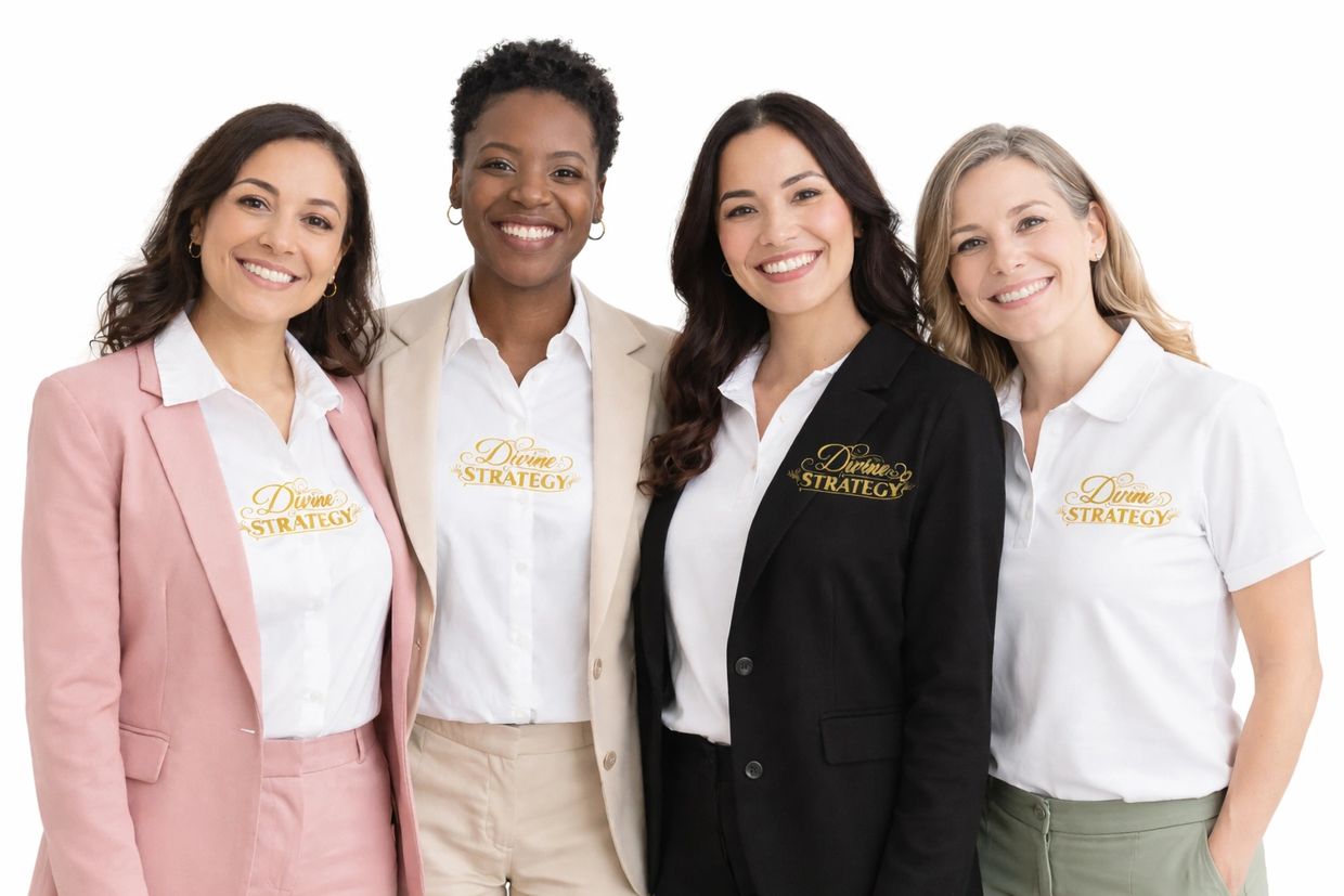 Four smiling women dressed in business casual attire with 'Divine Strategy' logos.
