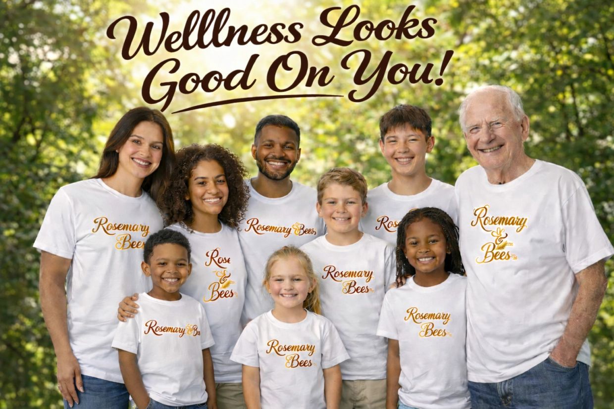 Diverse group wearing 'Rosemary &amp; Bees' shirts with wellness message.