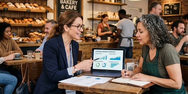Business consultant advising a cafe owner on growth strategy in a bakery.