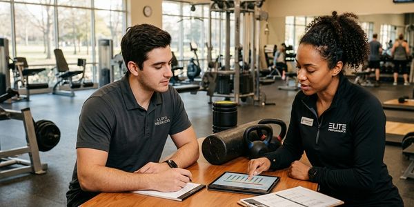 Personal trainer discussing fitness progress with a client using tablet and notes.